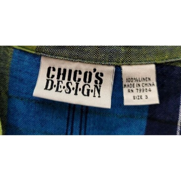 Chicos Design Womens sz 3 multicolored plaid linen button long sleeve side slits - Picture 3 of 9